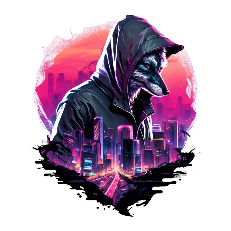Synthwave Wolf mit Skyline