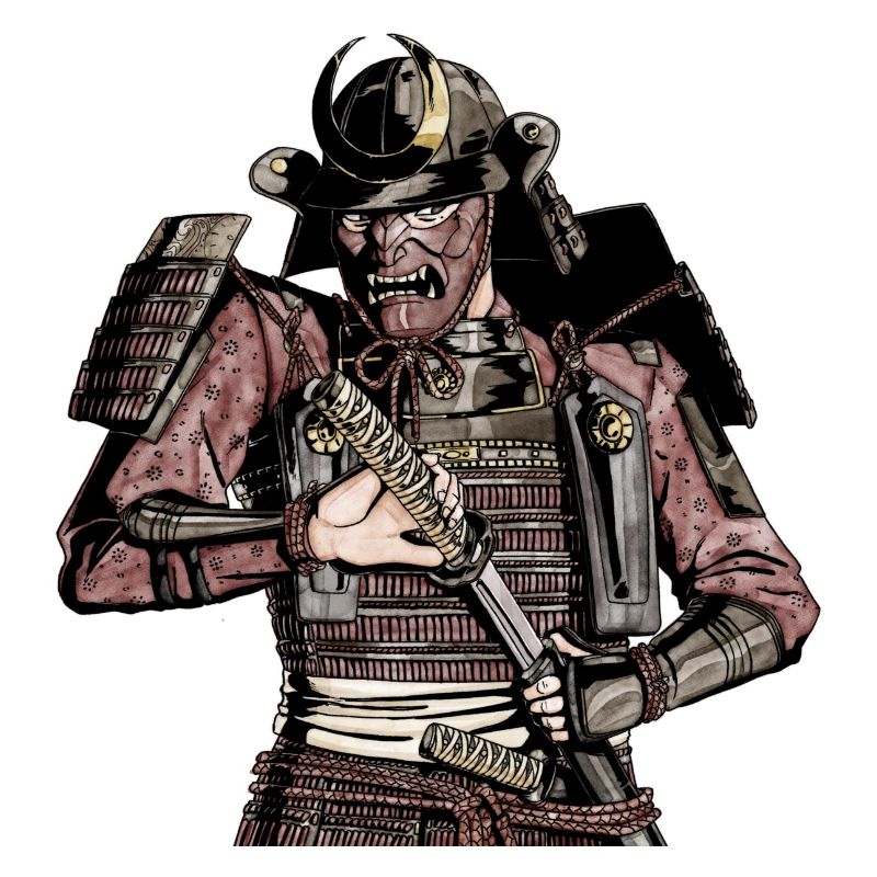 Gepanzerter Samurai beim Ausscheiden seines Katanas