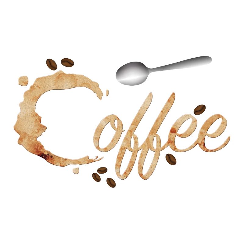 Kaffeefleck Typografie mit Kaffeebohnen und Löffel