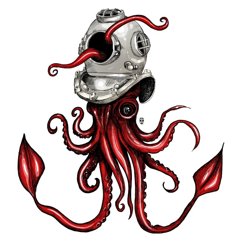 Calamar avec casque de plongée