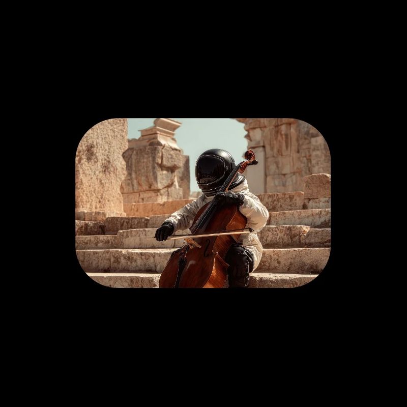 Un astronaute futuriste joue du violoncelle sur une ancienne marche
