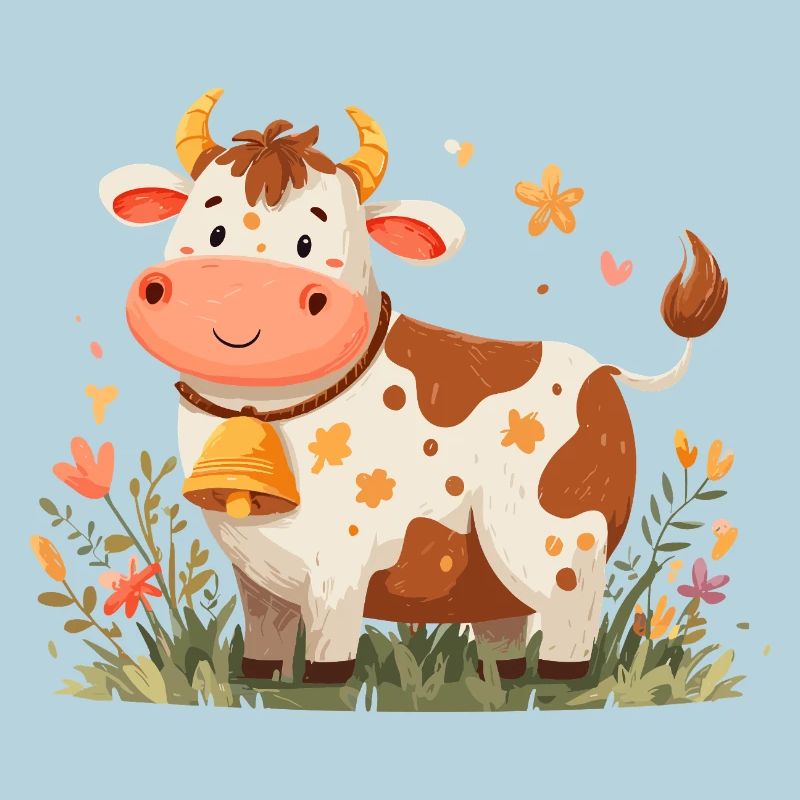 Vache avec clochette dans un champ de fleurs