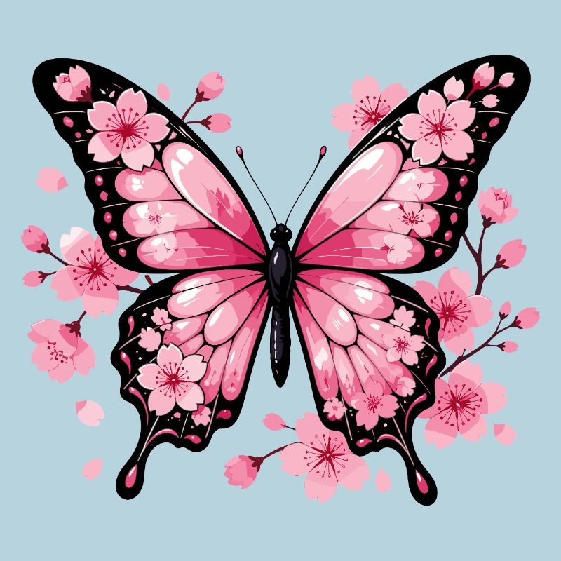 Papillon rose devant des cerisiers en fleurs