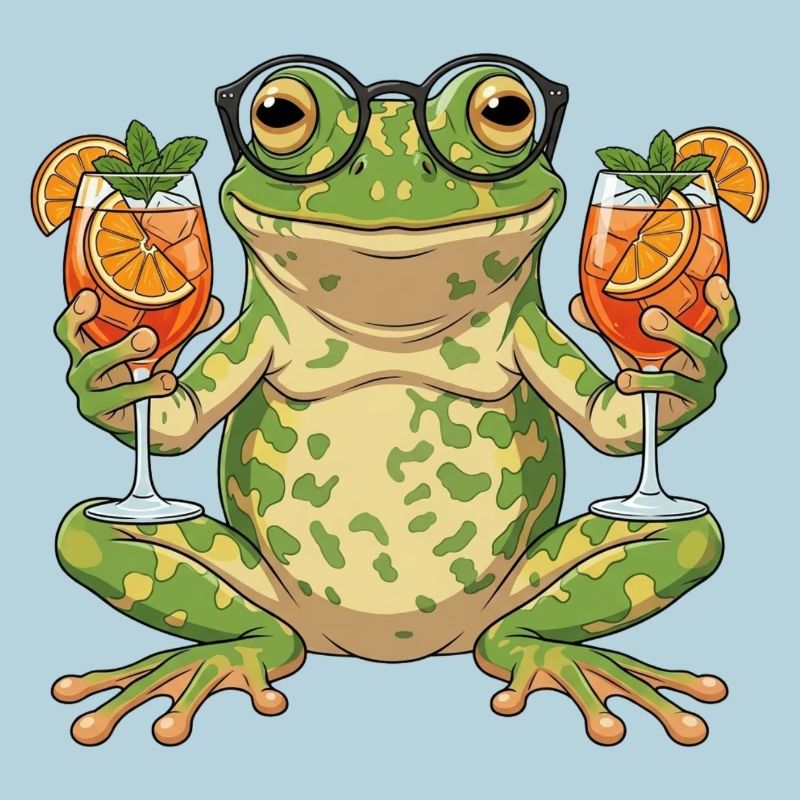 Frosch mit Cocktailgläsern