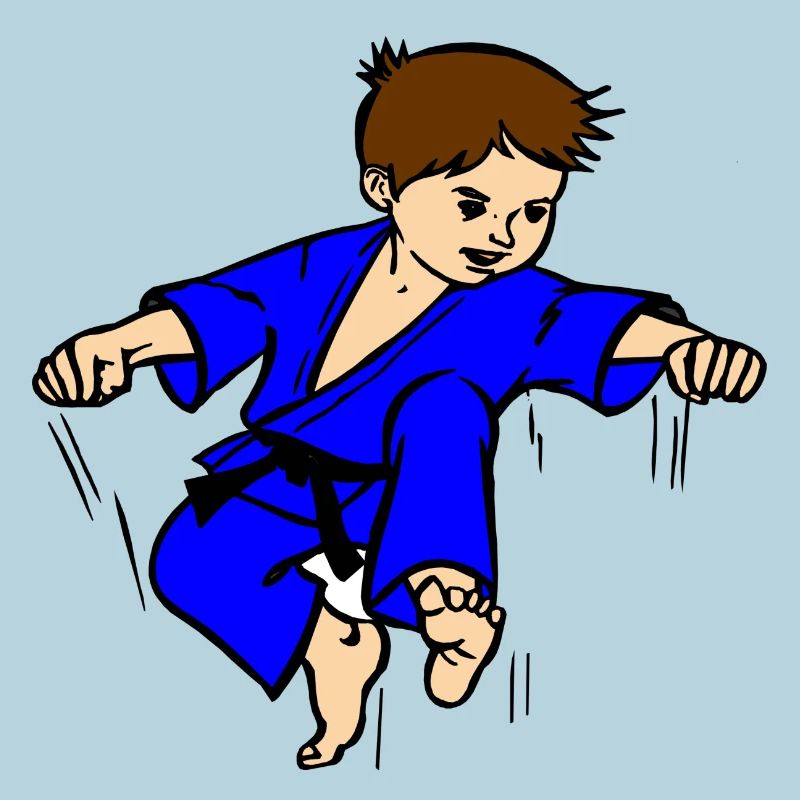 Blauer Anzug Karatekind oder Judokind mit schwarzem Gürtel