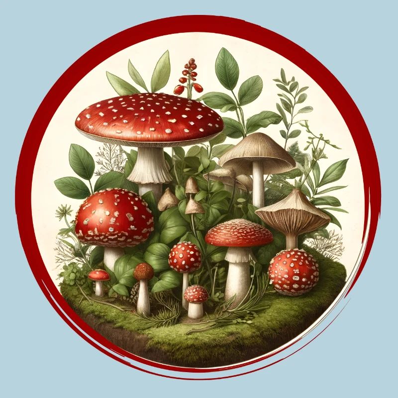 Detailed red toadstools on forest floor