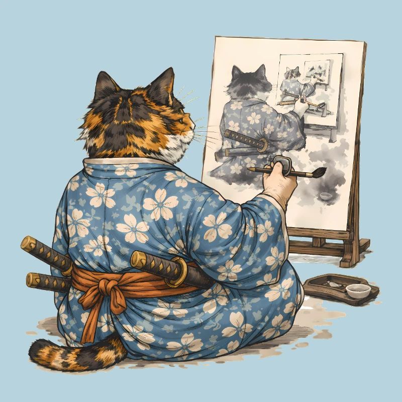 Samurai-Katzen-Malerei Sumi-e Ukiyo-e Kunst