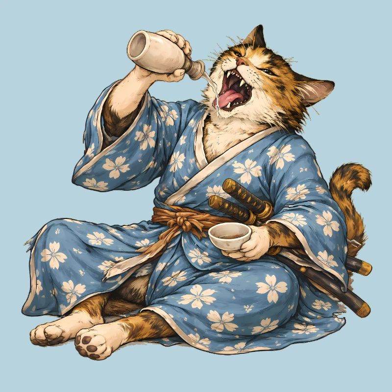 Saké de chat samouraï style ukiyo-e japonais