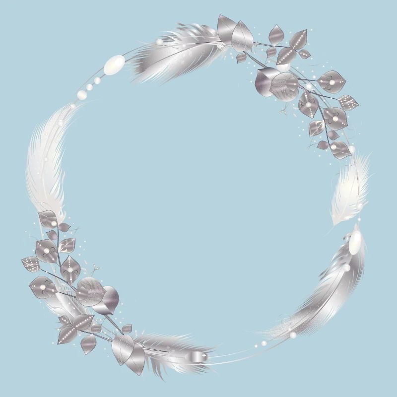 delicate frame made of silver-colored feathers & leaves