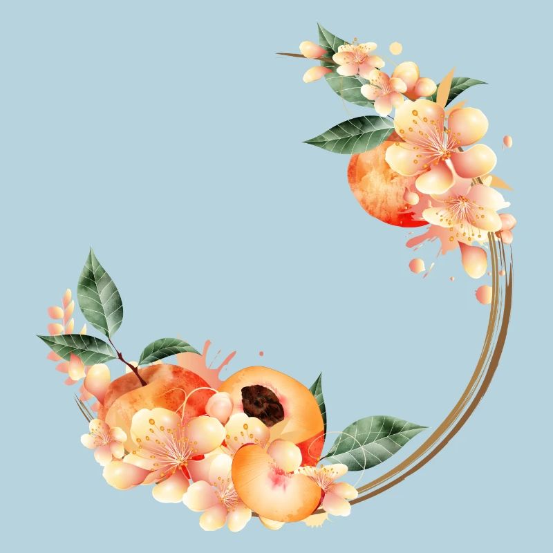 Moitié de pêche, pêches, fleurs de pêcher en couronne