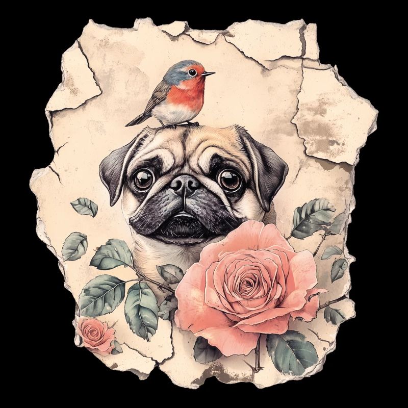 Pug with robins