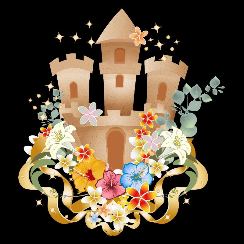 Château de sable avec des fleurs exotiques sur la plage