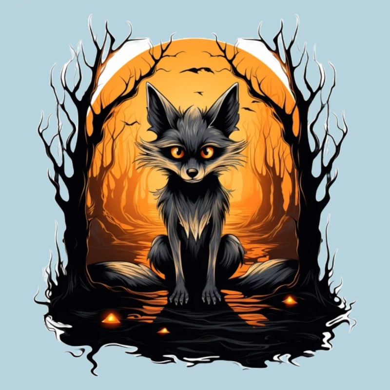 Mystical fox forest at sunset