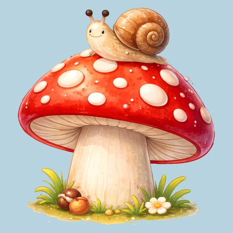 Toadstool with Snail Cute Forest Motif