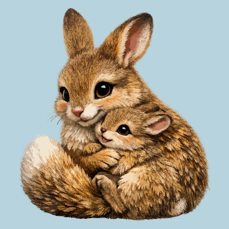 Hase umarmt Mutter und Junges