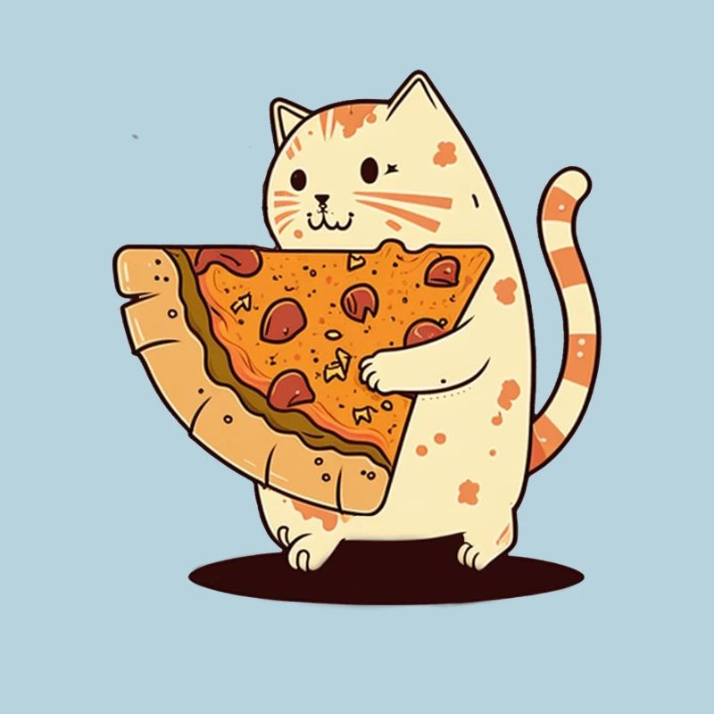 Le chat porte une tranche de pizza