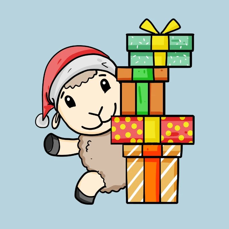 Schaf mit Weihnachtsmütze und Weihnachtsgeschenk