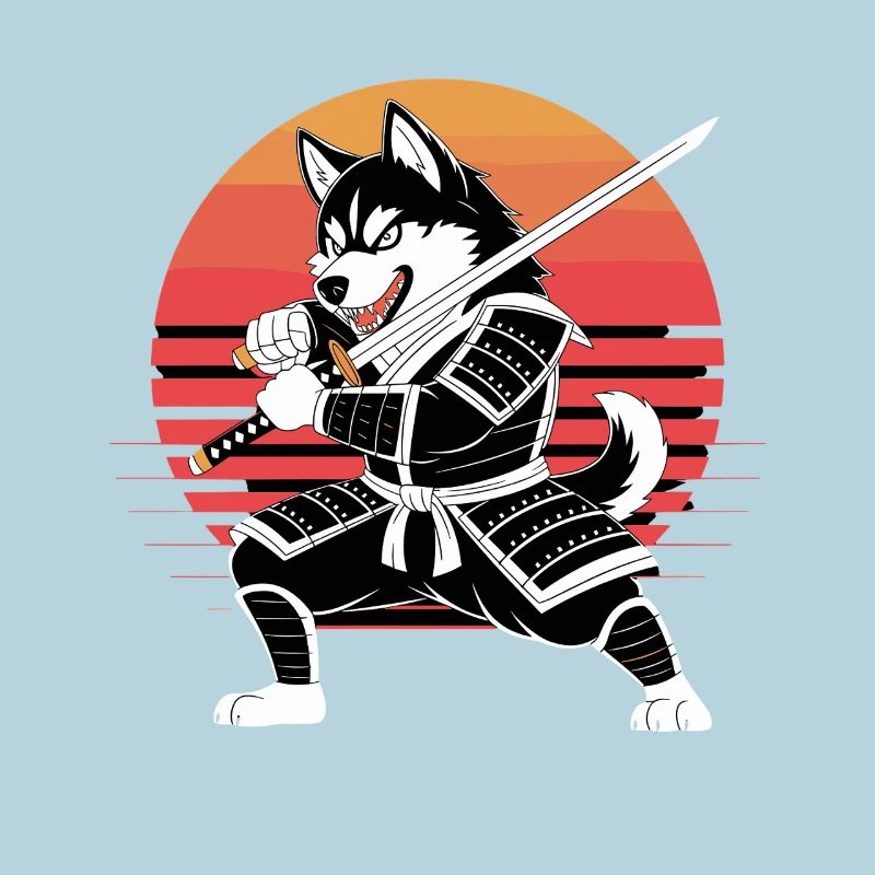 Husky Samurai Warrior With Katana Before Retro
