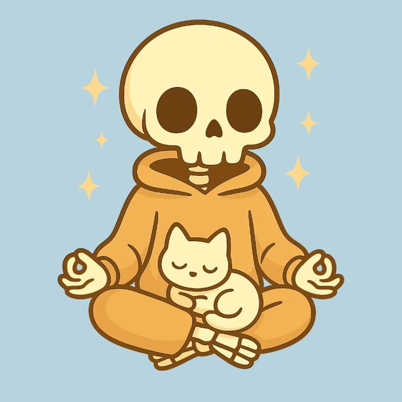 Squelette de méditation avec chat – Douillet et mignon