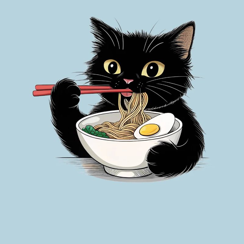 Chat noir mangeant des nouilles ramen