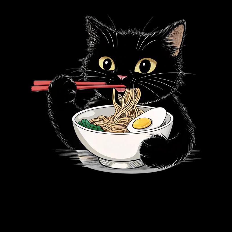 Schwarze Katze isst Ramen Nudeln 