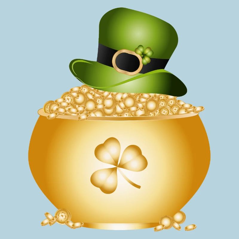 Pot doré avec trèfle et chapeau vert