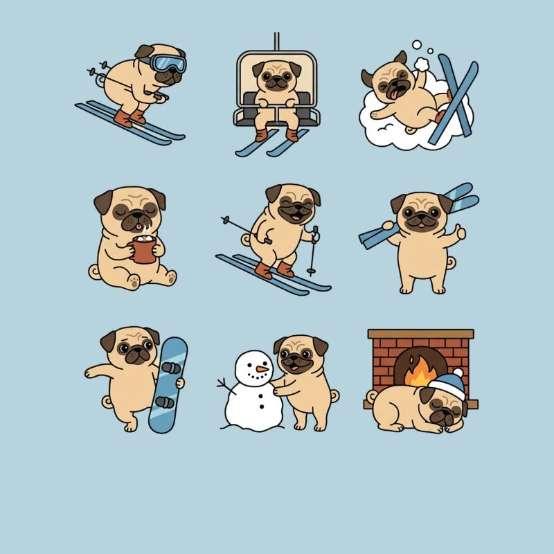 Mops Winter Skiurlaub Snowboard Spass
