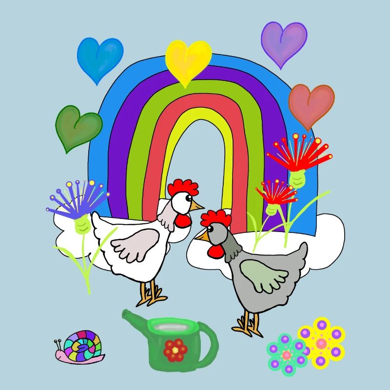 Kinder Fantasy Regenbogen Blumen Hühner 
