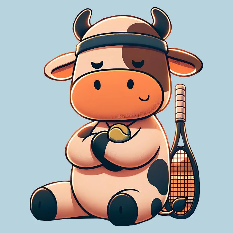 Cute tennis cow with racket and ball