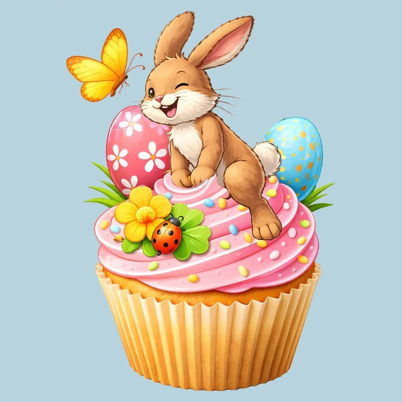Cute Easter Bunny Cupcake with Colorful Easter Eggs