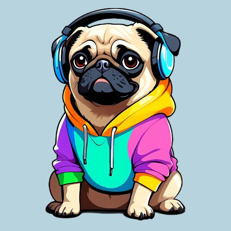 Pug mit Kopfhörer und Kleidung