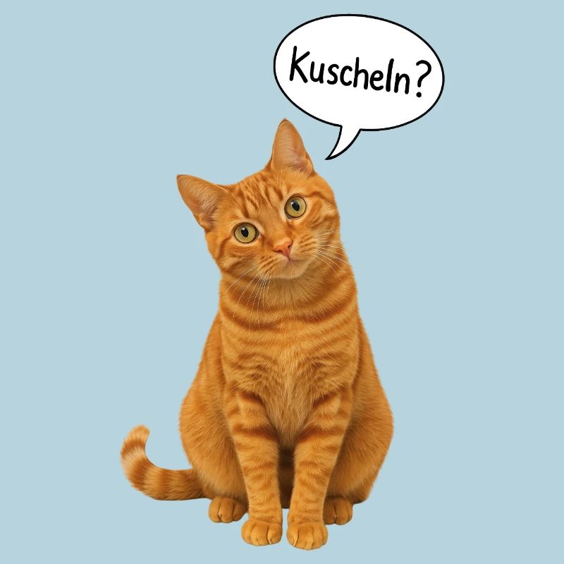 Red cat with tilted head asks: "Cuddle?"