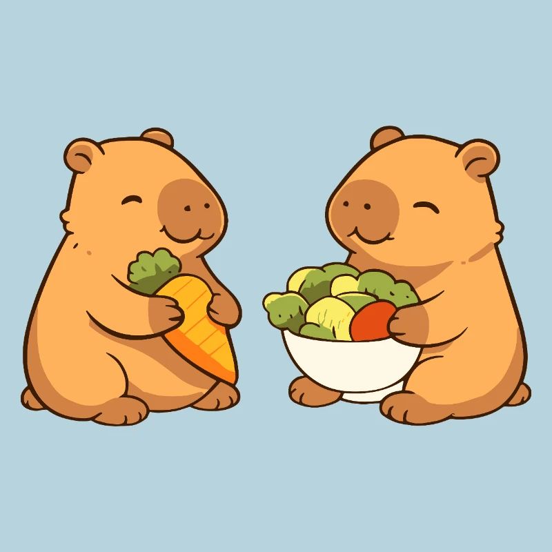Capybara couple with vegetables – relaxed & cute