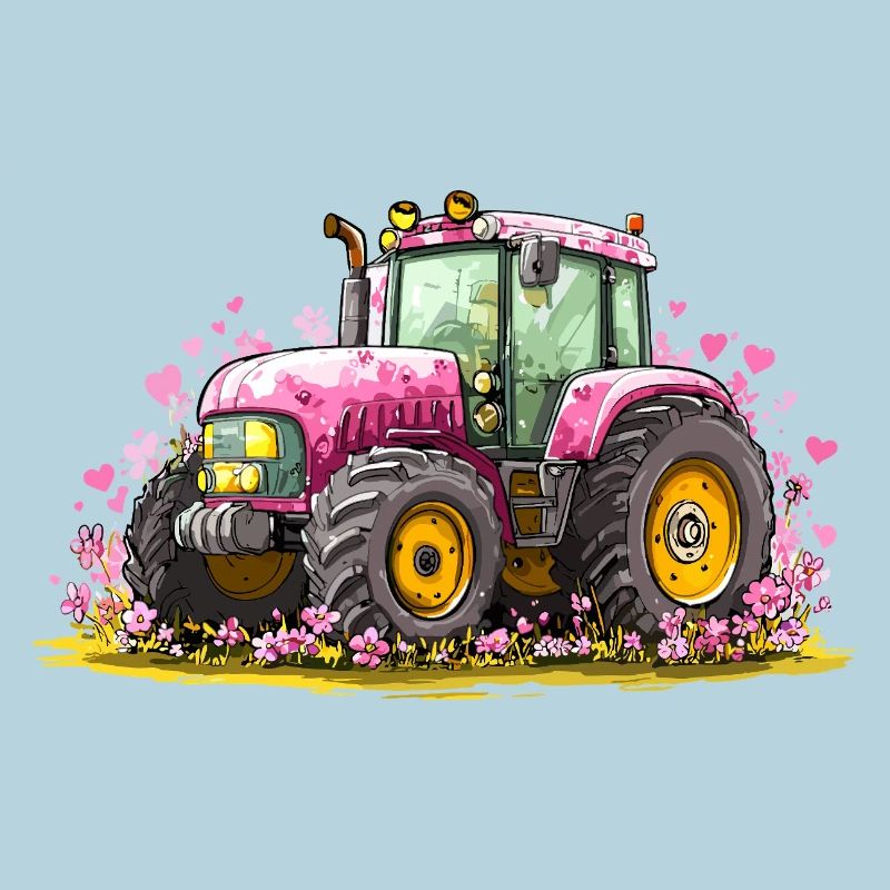 Rosa Traktor mit Herzen und Blumen