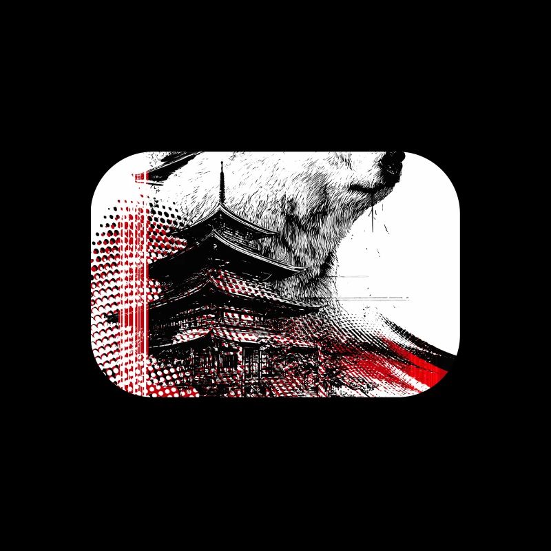 Ours et Pagodes en Gravure Rouge