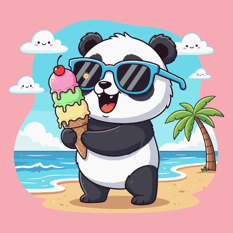 Panda am Strand mit Eiscreme