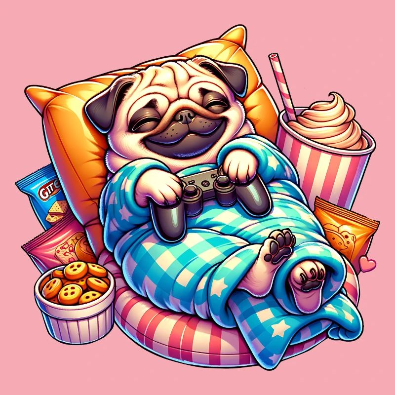 Relaxed Gaming Pug with Snacks