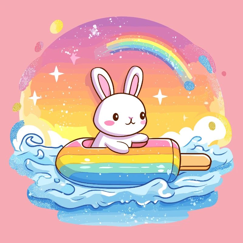 Kleines Bunny surft Regenbogenmeer