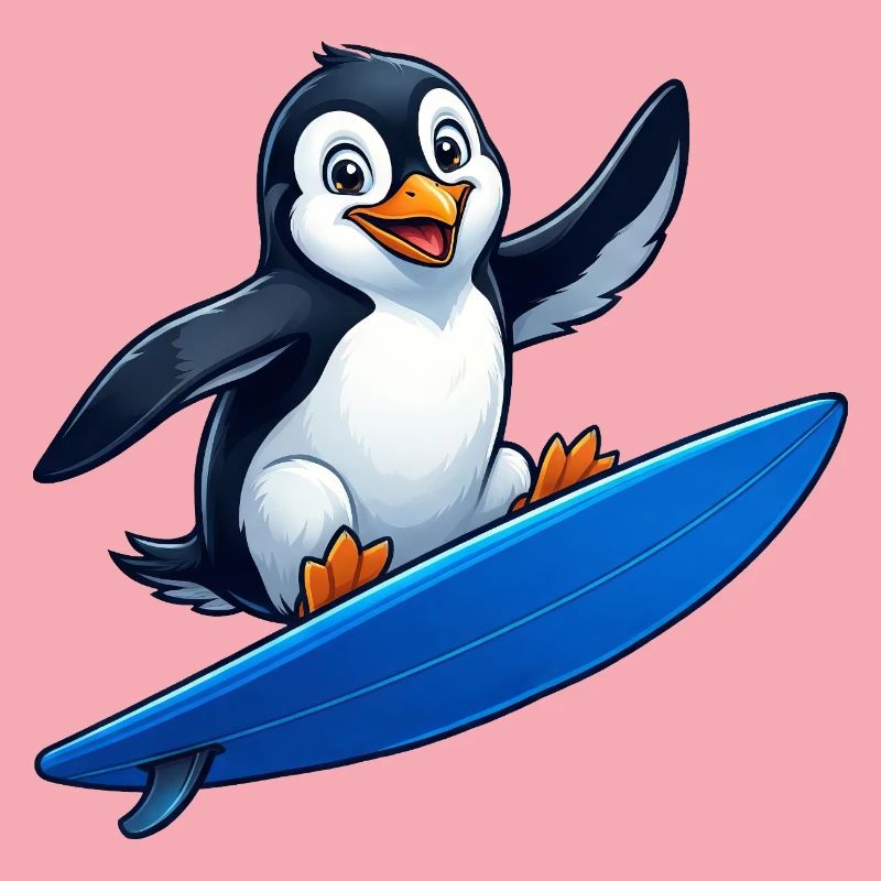Mignon Pingouin Surfeur Surfant Eau d’Été