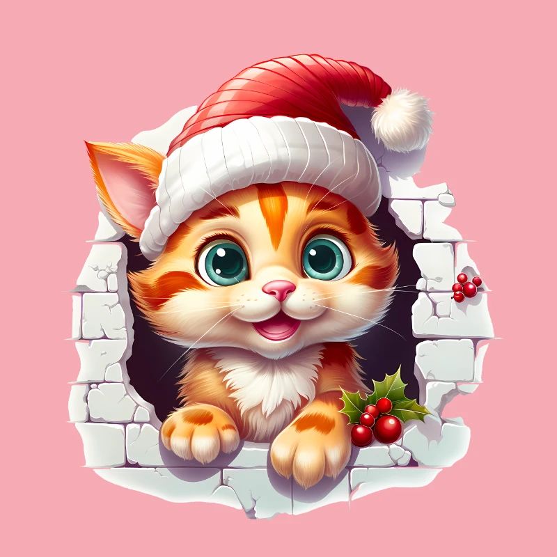 Chat avec chapeau de père Noël dans le trou dans le mur