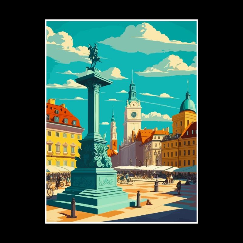 Affiche de voyage rétro dans le paysage urbain de Varsovie, Pologne