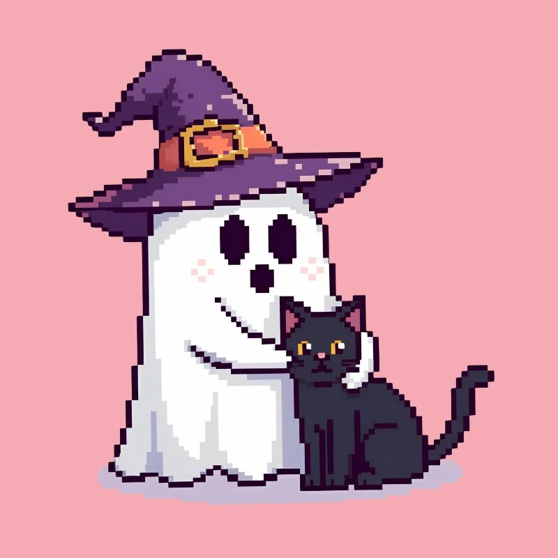 Pixel Geist mit Hexenhut & Katze – Halloween