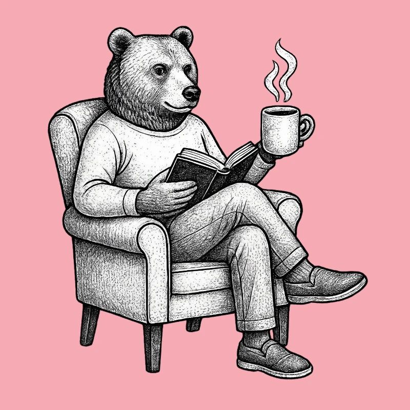 Bear Reader with Book and Mug
