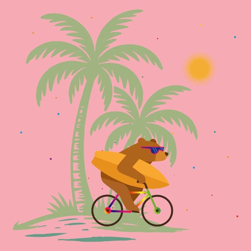 Bear with surfboard on bicycle under palm trees