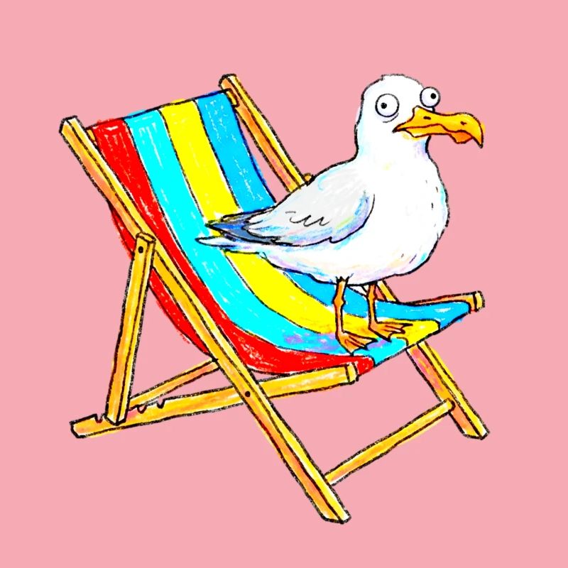 Seemöwe auf buntem Strandstuhl