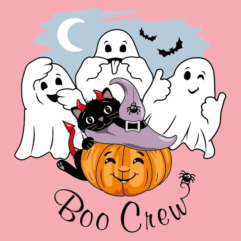 Three funny ghosts, black cat and smiling pumpkin