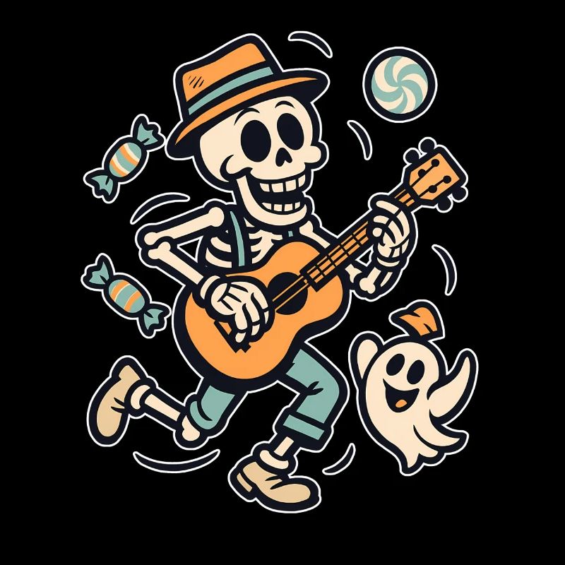 Skeleton with guitar and ghost hat