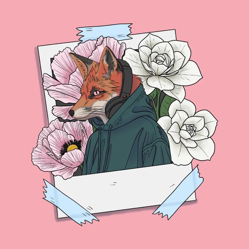 Fuchs mit Kopfhörern und Blumenthema