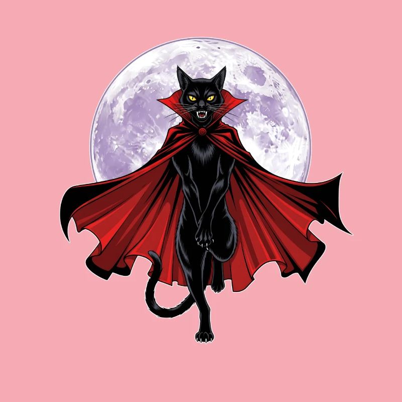Chat vampire graphique avec cape devant une pleine lune