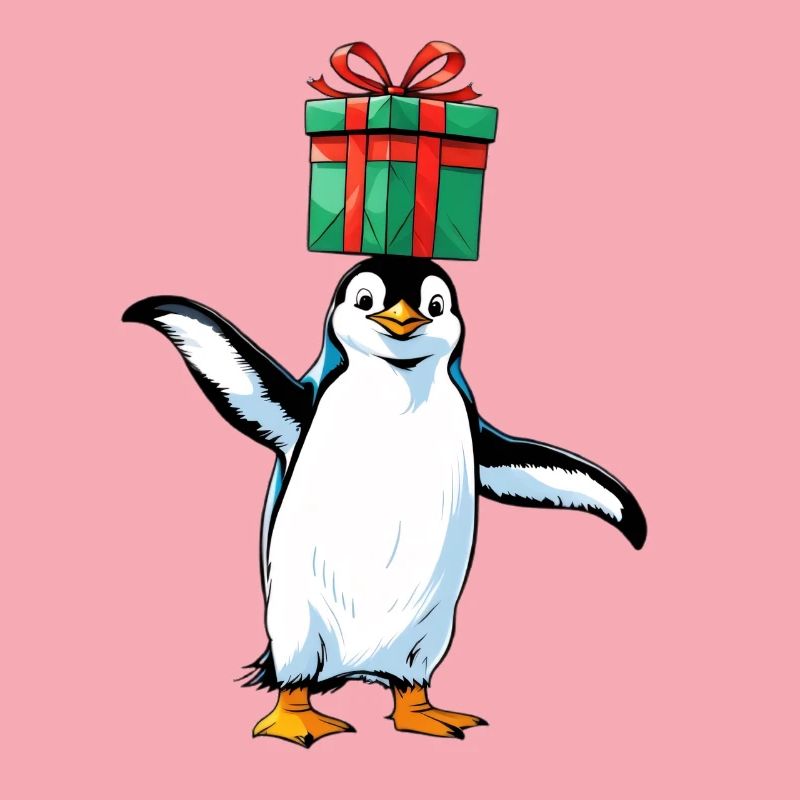 Pinguin mit Geschenk auf Kopf